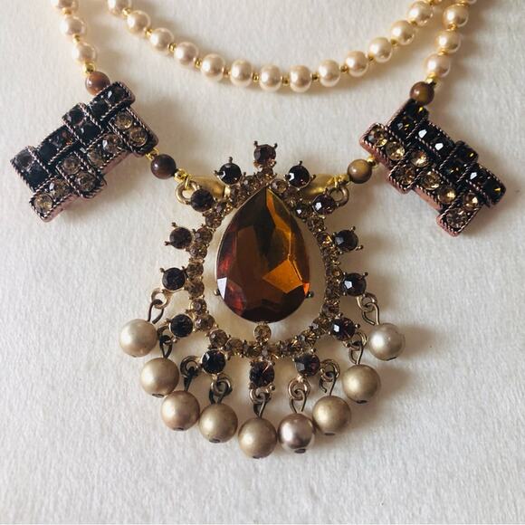 Handcrafted repurpose brown topaz gem Czech glass Pearl toggle clasp necklace - Picture 8 of 9